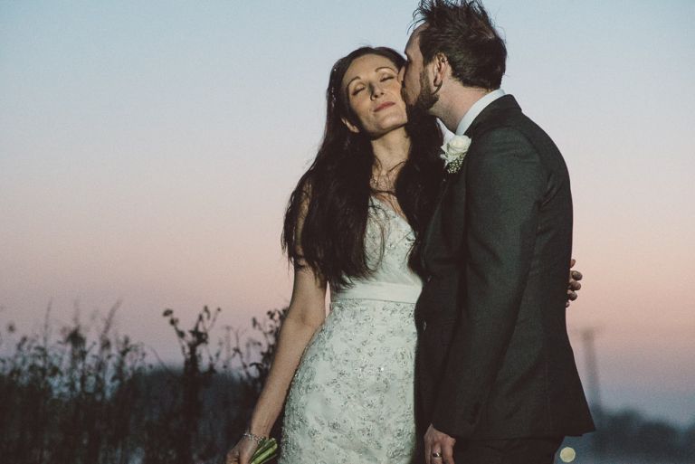 wedding couple at moors valley at sunset in mist