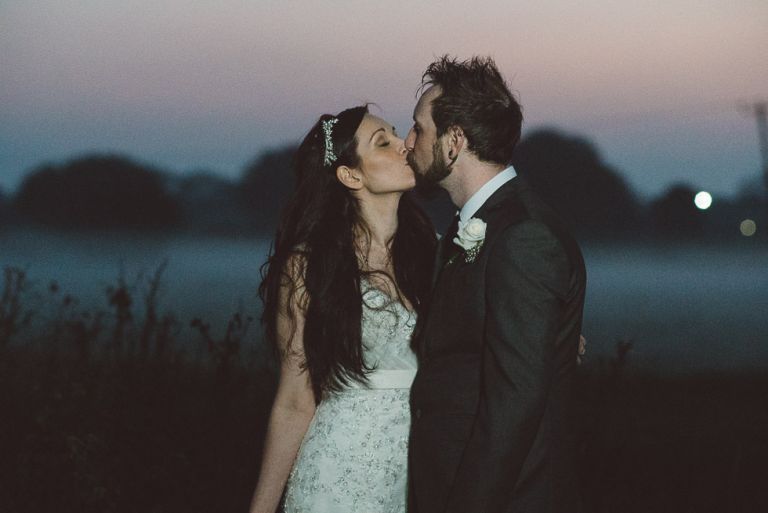 wedding couple at moors valley at sunset in mist