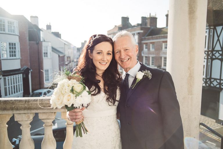 wedding at poole guildhall bride about to enter the guildhall with her dad