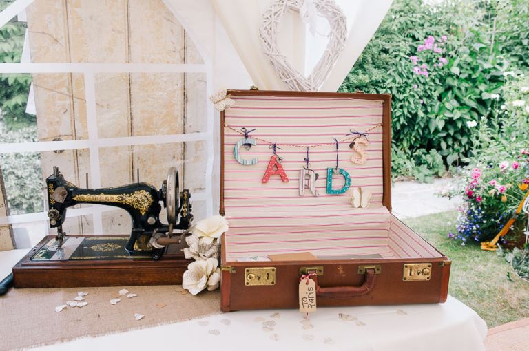 dorset garden marquee wedding old travel suitcase for cards
