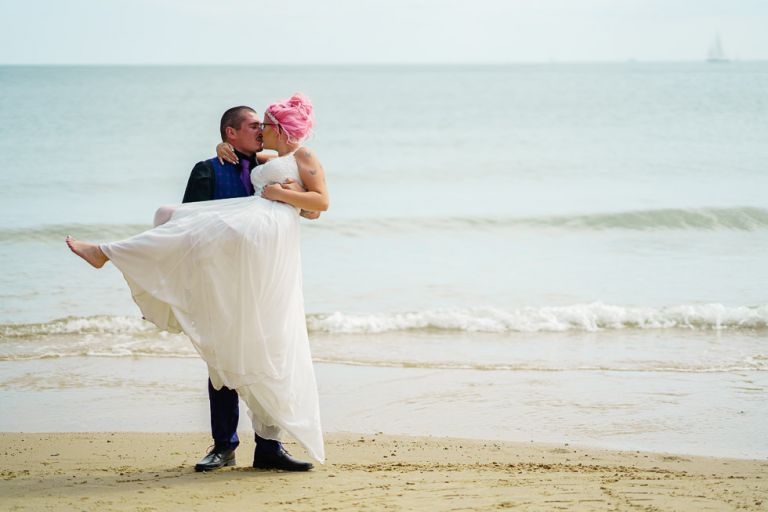 ami and hugh on beach bournemouth wedding photography